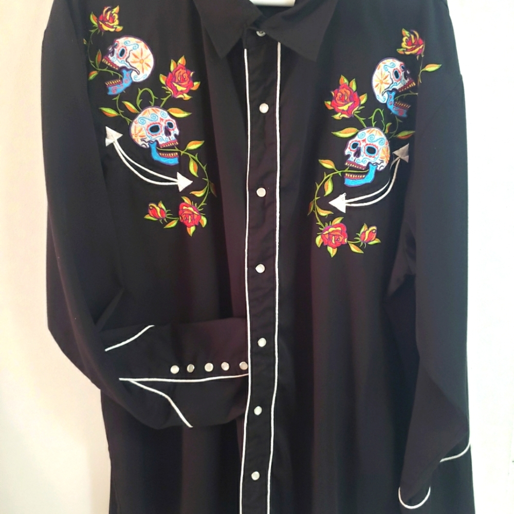 Festive Day of the Dead (Dia de Los Muertos) black western shirt by Benny's